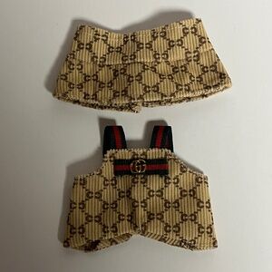 Designer Overalls Bucket Hat 2 Piece Outfit For Labubu Suspenders Green Red Tan